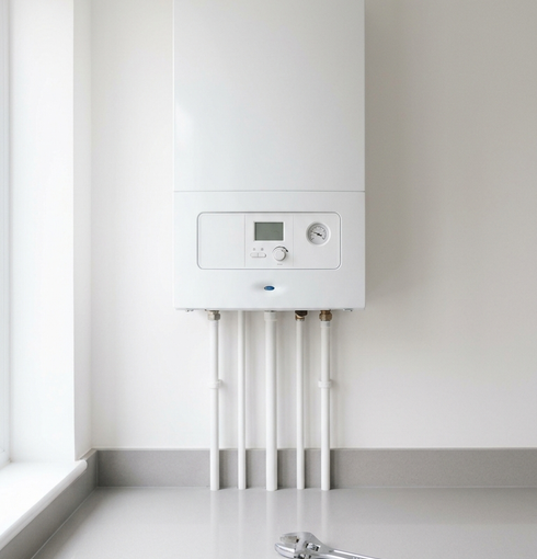 A boiler on a kitchen wall with a spanner beneath it