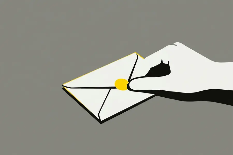 A sealed envelope with a yellow disc, a thumb opening it.