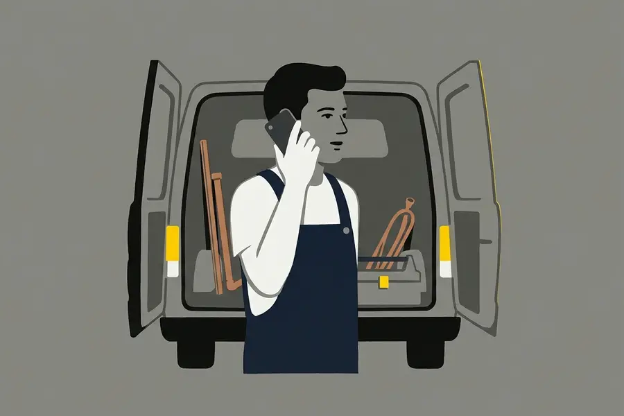 A plumber talks into his phone at the back of his van.