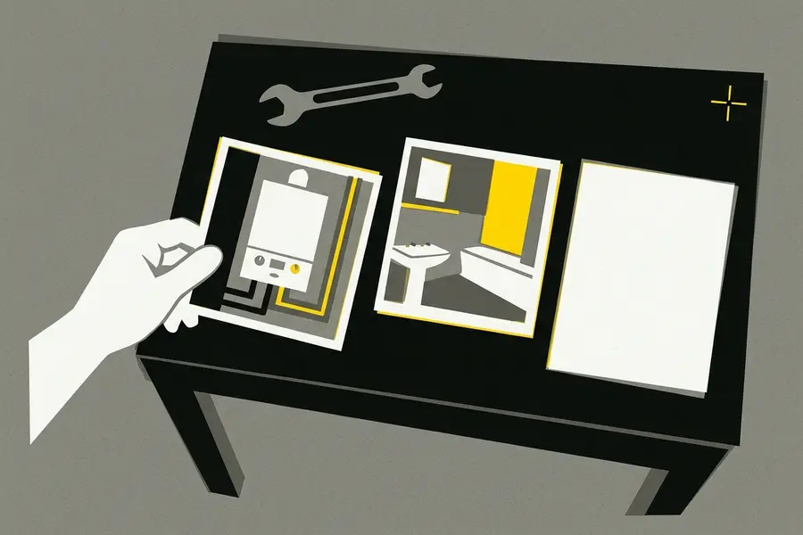His job photographs laid on a steel bench, a hand placing one more.